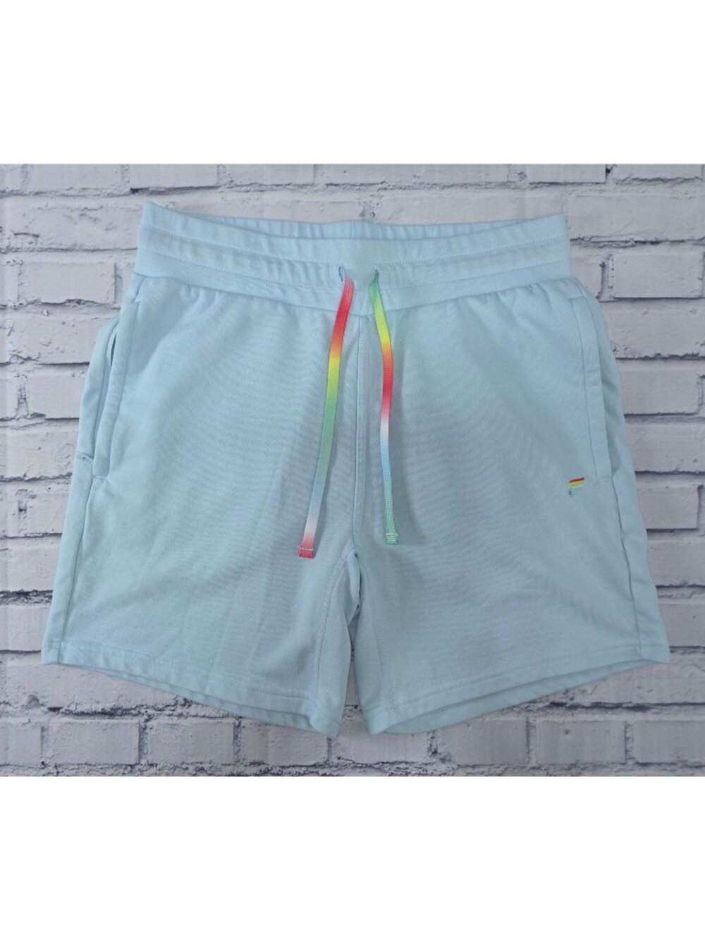 Fabletics Light Blue Drawstring Shorts Medium With Rainbow Accent Logo & Pocket
